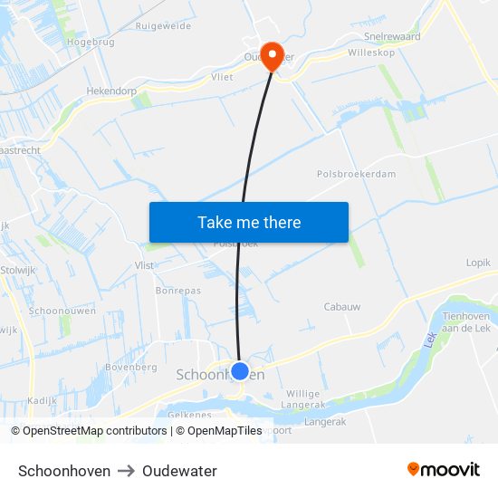 Schoonhoven to Oudewater map