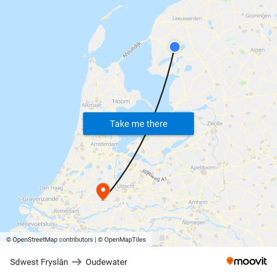 Sdwest Fryslân to Oudewater map