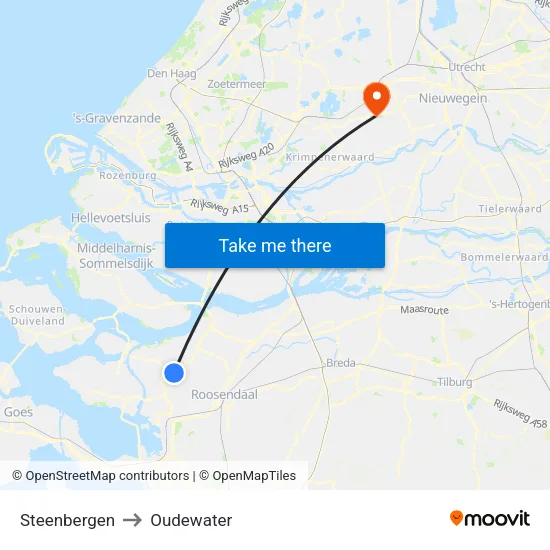 Steenbergen to Oudewater map