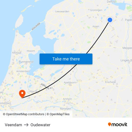 Veendam to Oudewater map