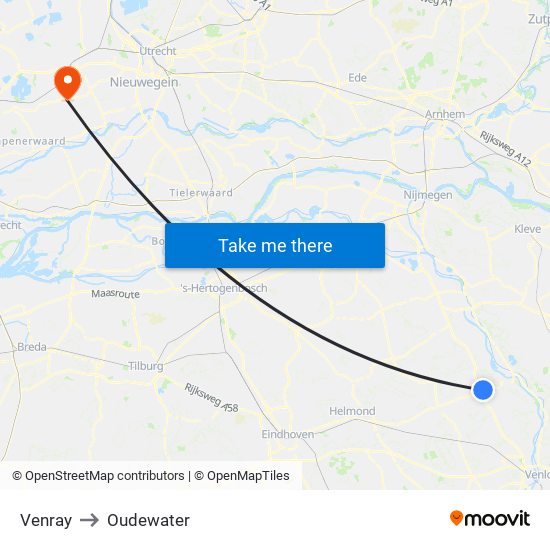 Venray to Oudewater map