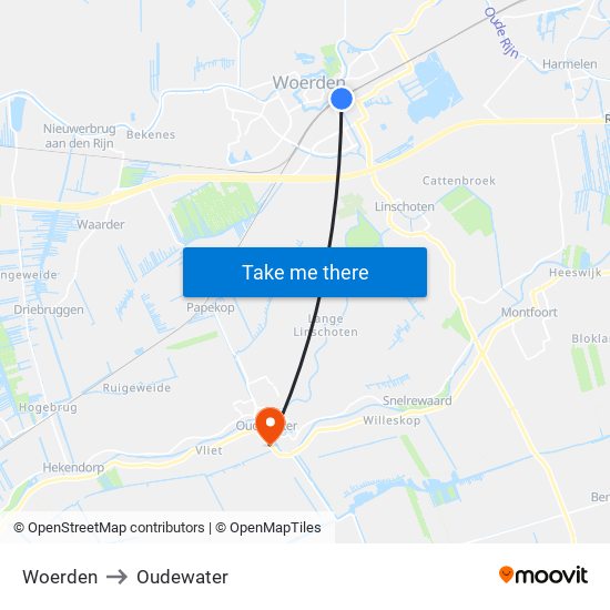 Woerden to Oudewater map