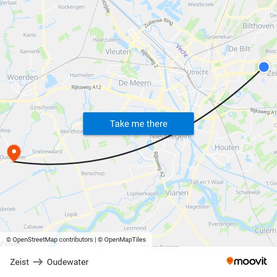 Zeist to Oudewater map