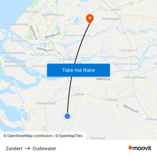 Zundert to Oudewater map