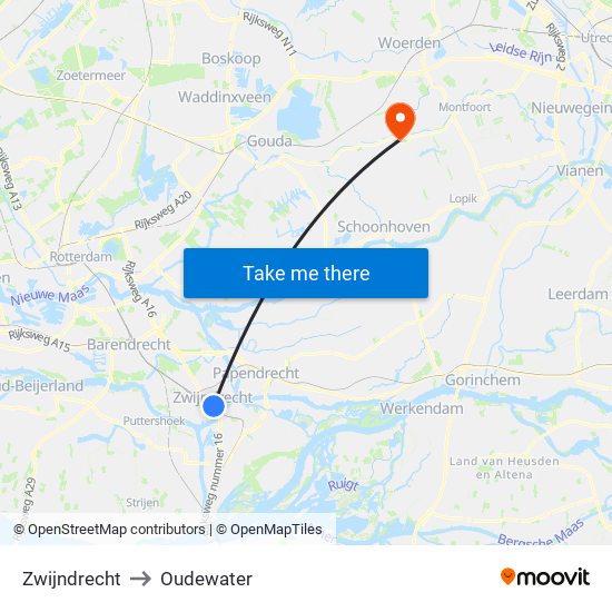 Zwijndrecht to Oudewater map