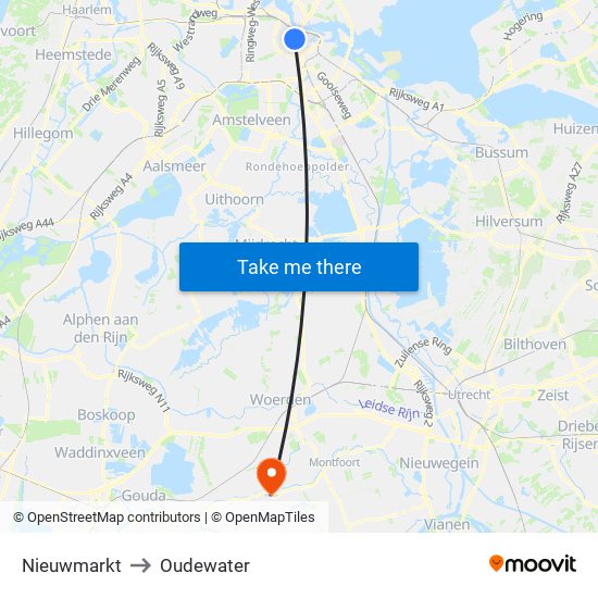 Nieuwmarkt to Oudewater map