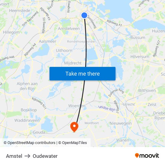 Amstel to Oudewater map
