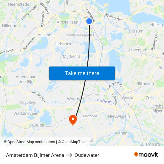 Amsterdam Bijlmer Arena to Oudewater map