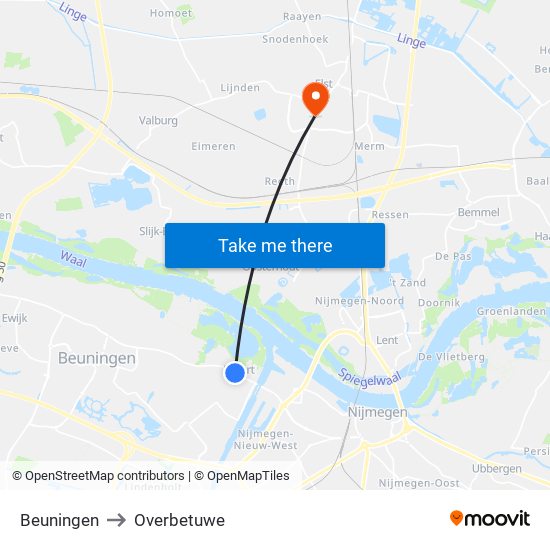 Beuningen to Overbetuwe map