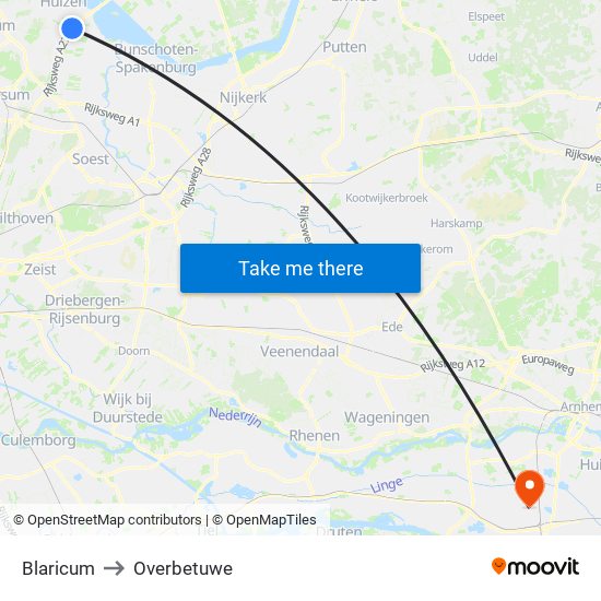 Blaricum to Overbetuwe map