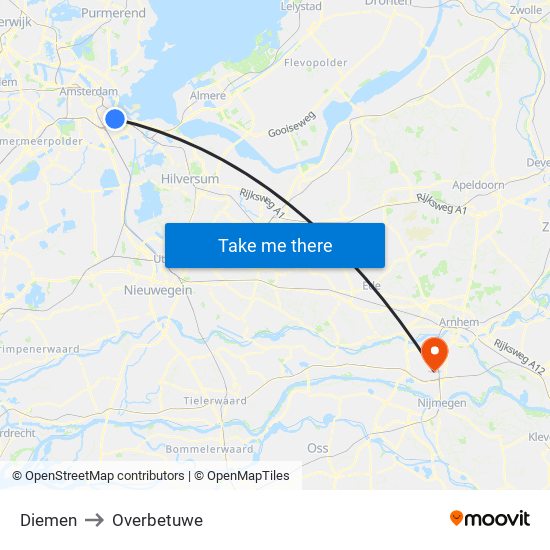 Diemen to Overbetuwe map