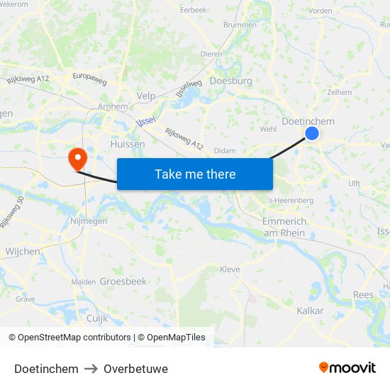 Doetinchem to Overbetuwe map