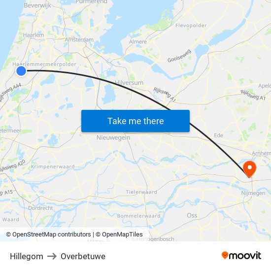 Hillegom to Overbetuwe map