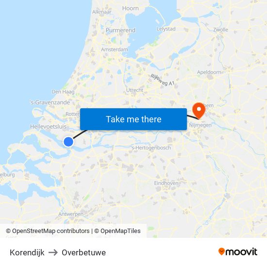 Korendijk to Overbetuwe map