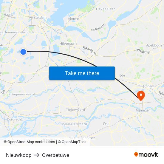 Nieuwkoop to Overbetuwe map