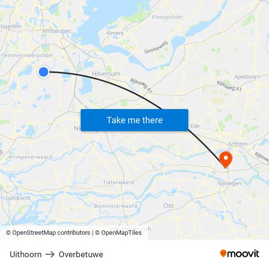 Uithoorn to Overbetuwe map