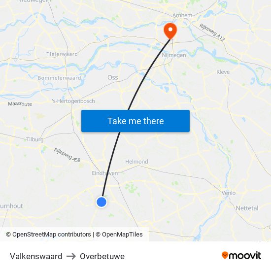 Valkenswaard to Overbetuwe map