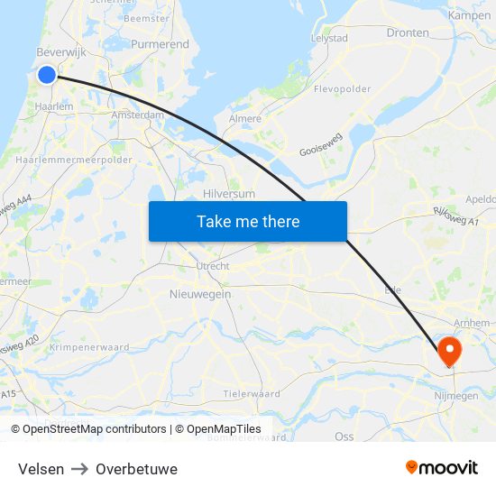 Velsen to Overbetuwe map