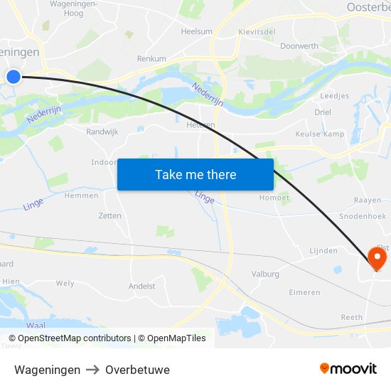 Wageningen to Overbetuwe map