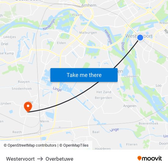 Westervoort to Overbetuwe map