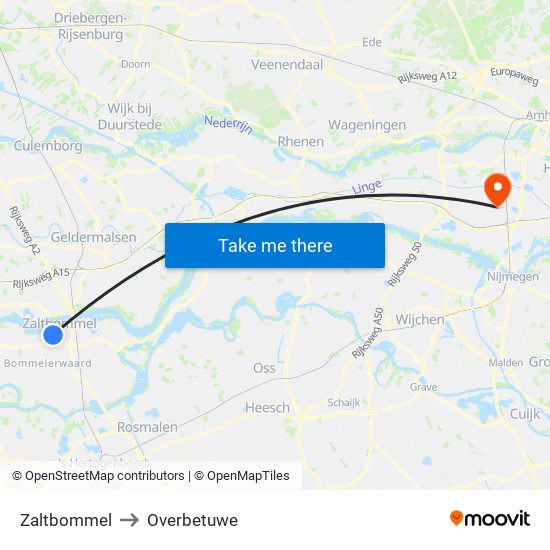 Zaltbommel to Overbetuwe map