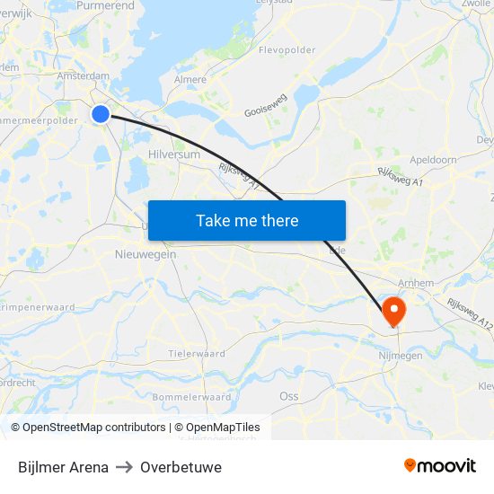 Bijlmer Arena to Overbetuwe map