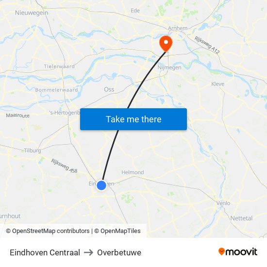 Eindhoven Centraal to Overbetuwe map