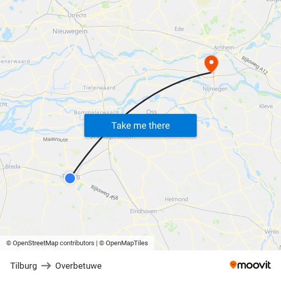 Tilburg to Overbetuwe map