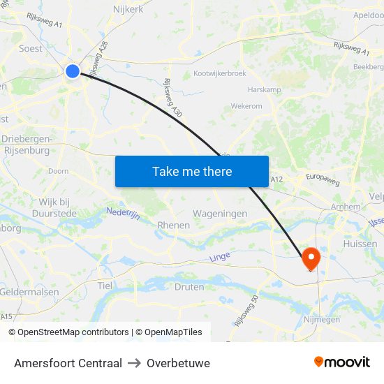 Amersfoort Centraal to Overbetuwe map