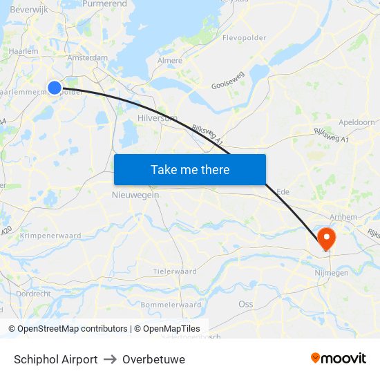 Schiphol Airport to Overbetuwe map