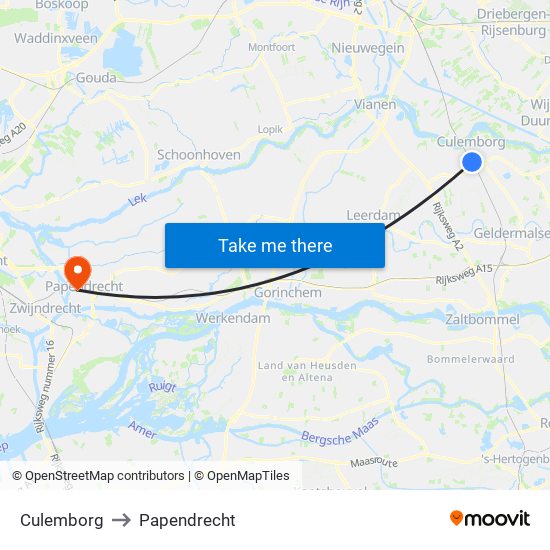 Culemborg to Papendrecht map