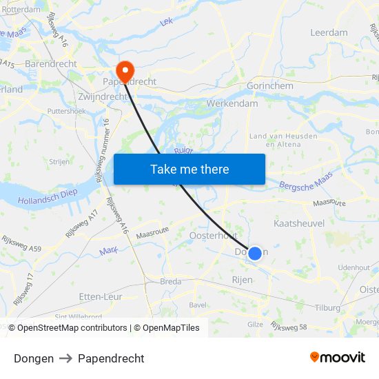 Dongen to Papendrecht map