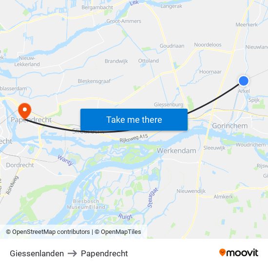 Giessenlanden to Papendrecht map
