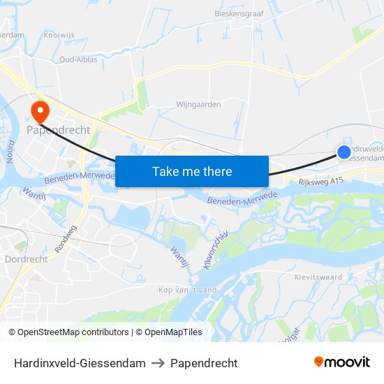 Hardinxveld-Giessendam to Papendrecht map