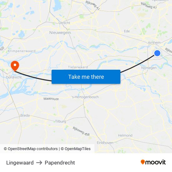 Lingewaard to Papendrecht map