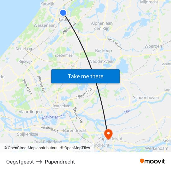 Oegstgeest to Papendrecht map