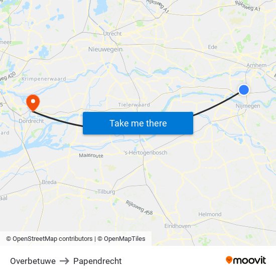 Overbetuwe to Papendrecht map