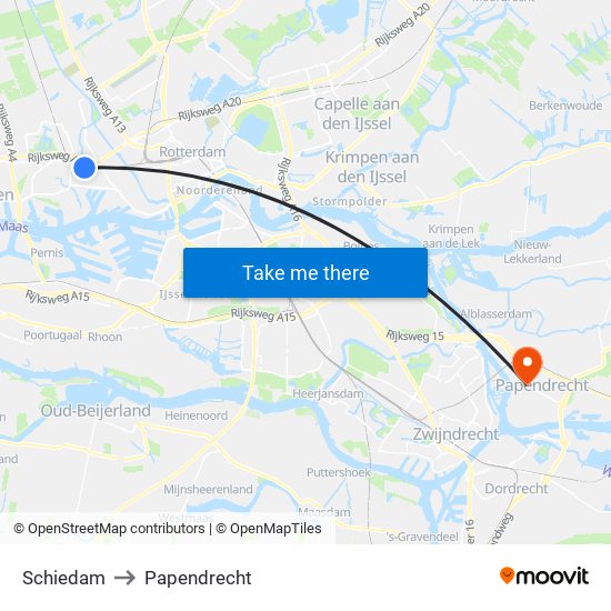 Schiedam to Papendrecht map