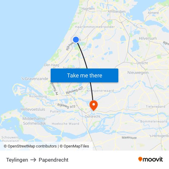 Teylingen to Papendrecht map