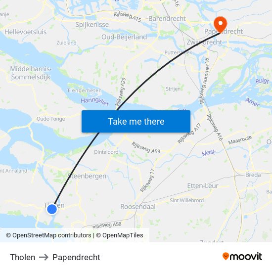 Tholen to Papendrecht map