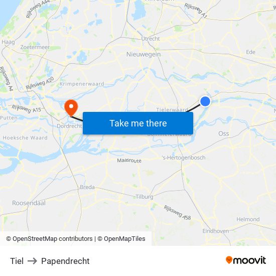 Tiel to Papendrecht map
