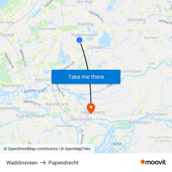 Waddinxveen to Papendrecht map