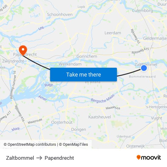 Zaltbommel to Papendrecht map