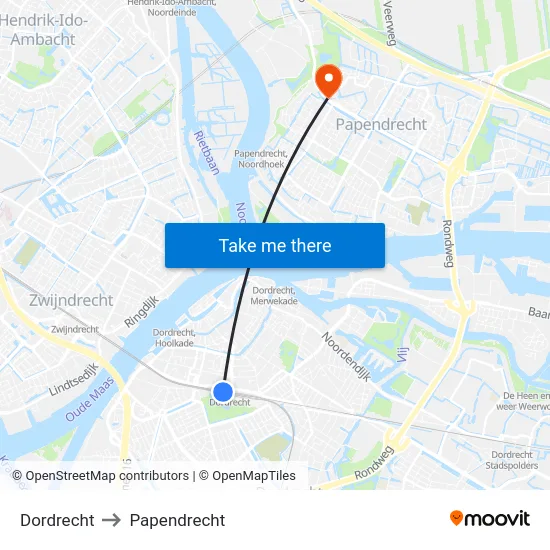 Dordrecht to Papendrecht map
