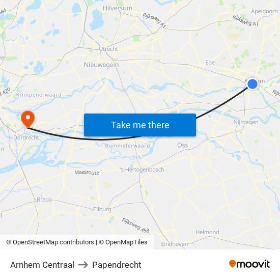 Arnhem Centraal to Papendrecht map