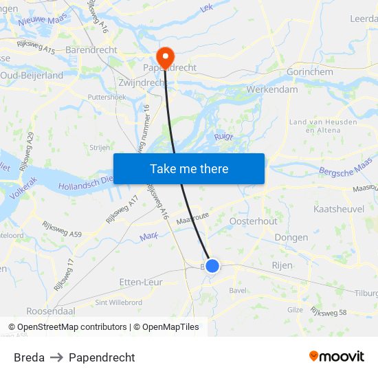 Breda to Papendrecht map