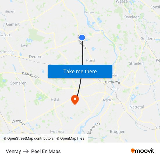 Venray to Peel En Maas map