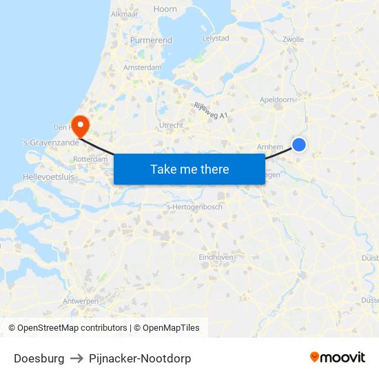 Doesburg to Pijnacker-Nootdorp map