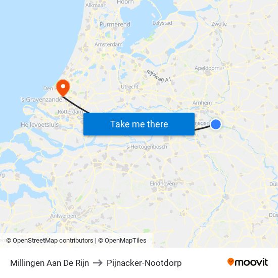 Millingen Aan De Rijn to Pijnacker-Nootdorp map