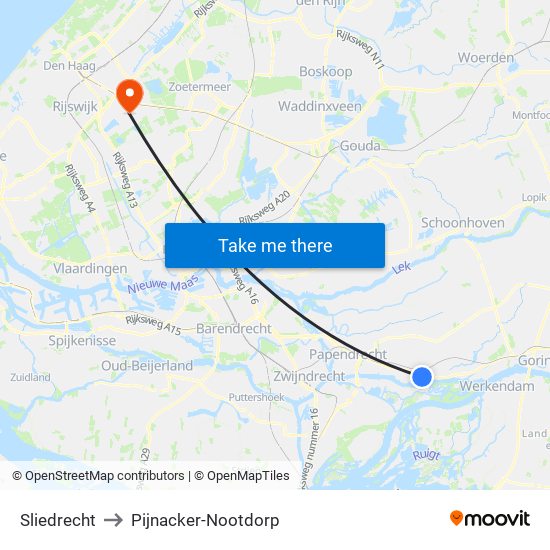 Sliedrecht to Pijnacker-Nootdorp map